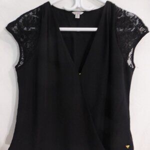 GUESS, black v neck shirt with lace sleeves & back | size large | NWOT